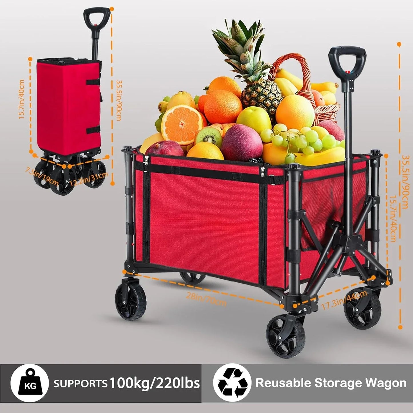 (Free shipping)Collapsible Folding Wagon, Heavy Duty Collapsible Wagon Cart, Foldable Utility Grocery Wagon for Camping