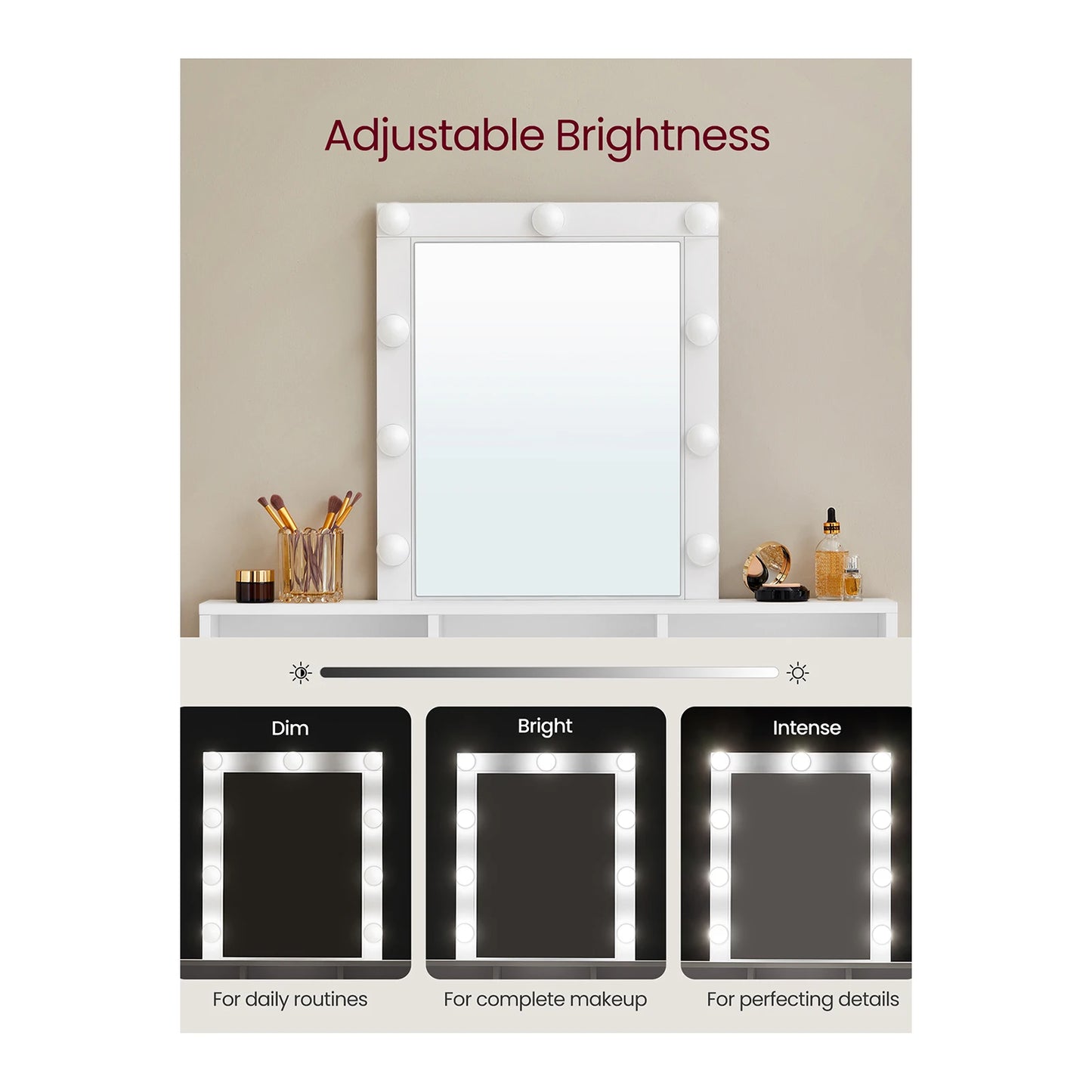VASAGLE Dressing Table, LED Lights with Adjustable Brightness, Vanity Table with Mirror, 2 Drawers and 3 Compartments