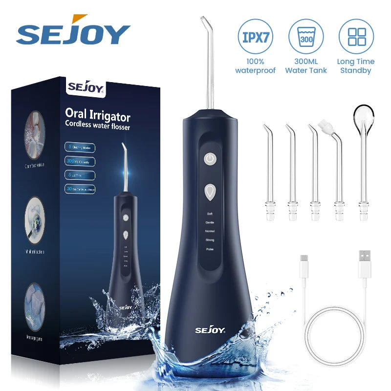 Sejoy Electric Water Flosser Tooth Clean USB Rechargeable Power Dental Irrigator 300ML Water Tank Auto-Off 5 Cleaning Modes