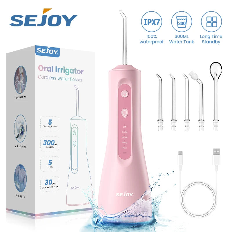Sejoy Electric Water Flosser Tooth Clean USB Rechargeable Power Dental Irrigator 300ML Water Tank Auto-Off 5 Cleaning Modes