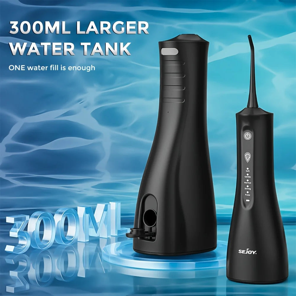 Sejoy Electric Water Flosser Tooth Clean USB Rechargeable Power Dental Irrigator 300ML Water Tank Auto-Off 5 Cleaning Modes