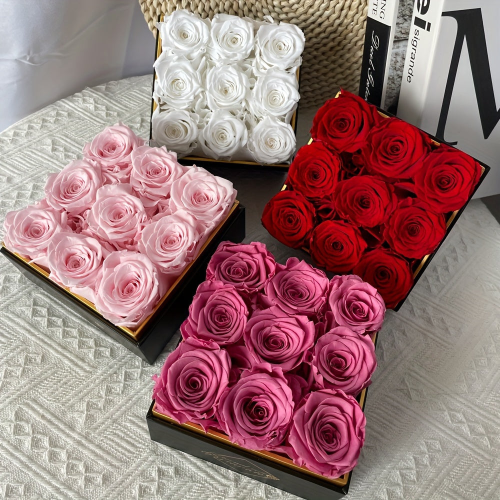 9pcs Eternal Rose Preserved Roses in a Box, Cased in White Box with Acrylic Cover - Forever Rose Box, Preserved Roses, Immortal Roses That Last A Year - Preserved Rose Flowers Decor for Delivery Prime Birthday Mothers Day Val