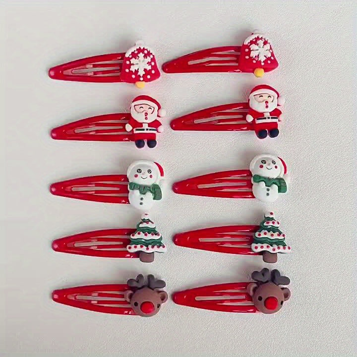 10pcs Christmas Hair Clip Set - Cute Santa, Reindeer & Snowman Designs | PVC Snap Barrettes for Girls | Festive Holiday Hair Accessories