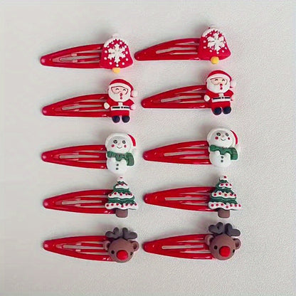 10pcs Christmas Hair Clip Set - Cute Santa, Reindeer & Snowman Designs | PVC Snap Barrettes for Girls | Festive Holiday Hair Accessories