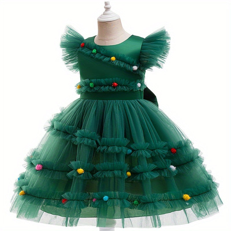 Girls' Enchanting Princess Dress with Flutter Sleeves - Perfect for Christmas & Parties, Knee-Length Tulle Tutu, 35% Cotton Blend