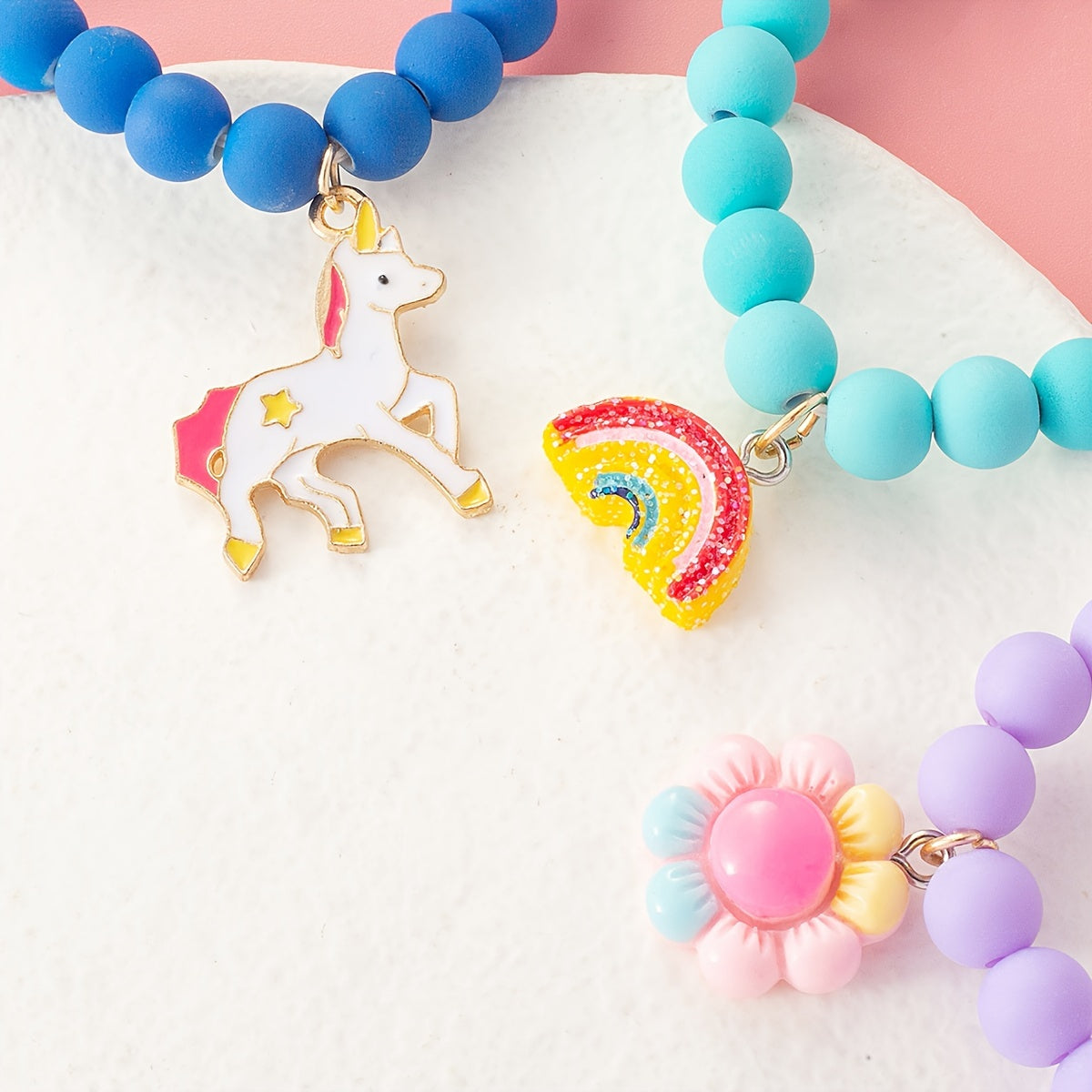 3pcs Cute Unicorn/Sunflower/Rainbow Charm Beaded Bracelets For Girls, Simple Style Daily Decorations, Holiday Gifts