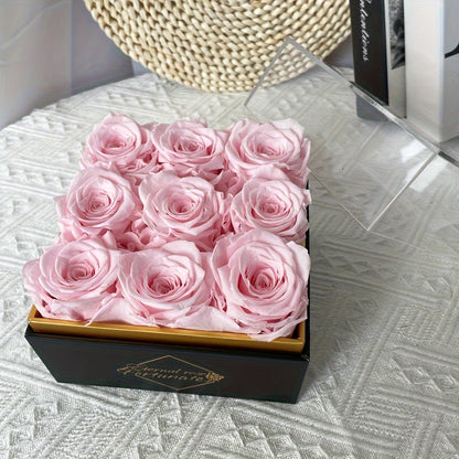 9pcs Eternal Rose Preserved Roses in a Box, Cased in White Box with Acrylic Cover - Forever Rose Box, Preserved Roses, Immortal Roses That Last A Year - Preserved Rose Flowers Decor for Delivery Prime Birthday Mothers Day Val