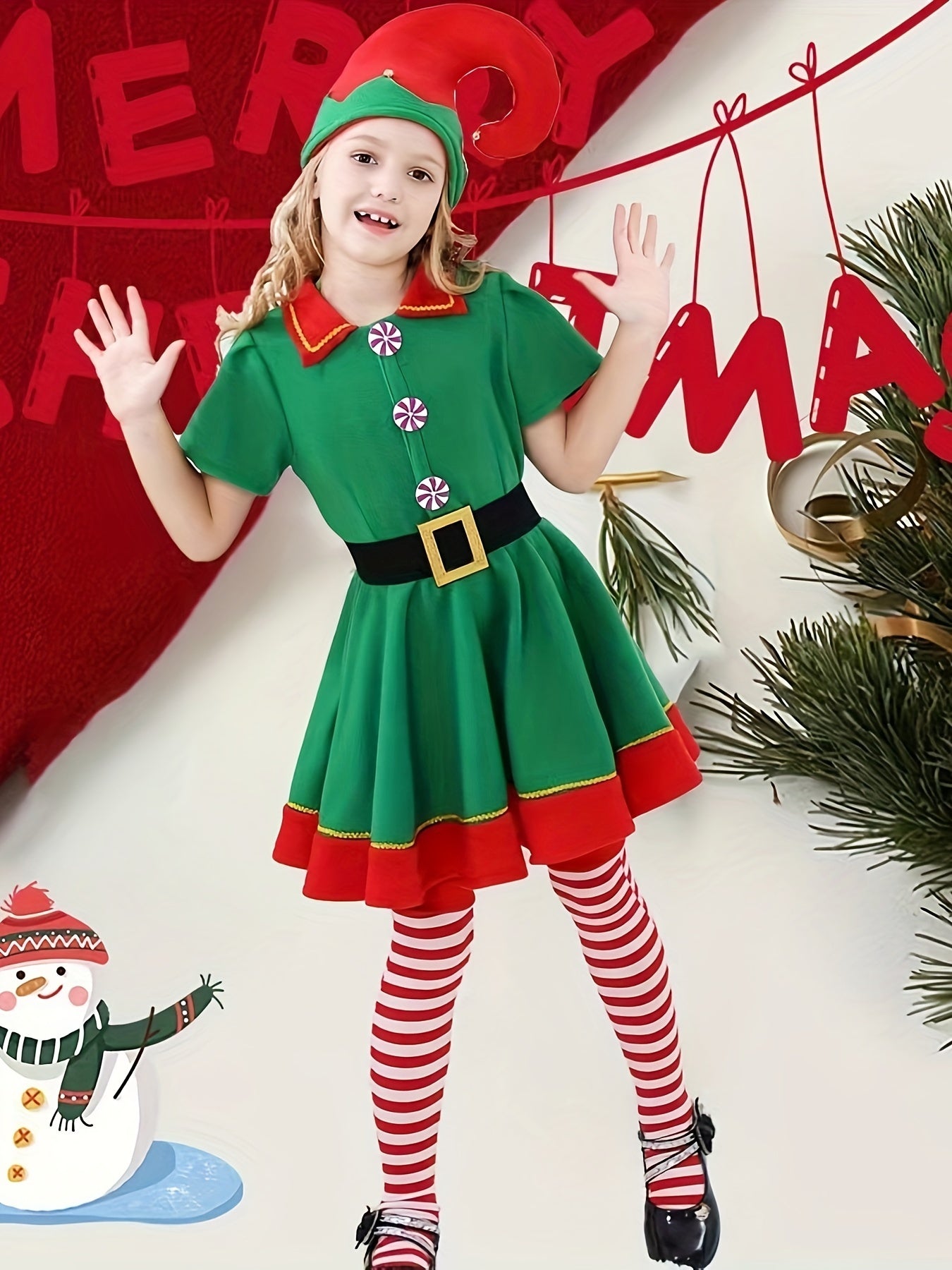 4pcs Girls Christmas Flannel Lapel Dress + Hat + Long Socks + Belt, Christmas Dress Up Outfit, Joy Festival Celebration Clothes