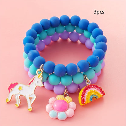 3pcs Cute Unicorn/Sunflower/Rainbow Charm Beaded Bracelets For Girls, Simple Style Daily Decorations, Holiday Gifts