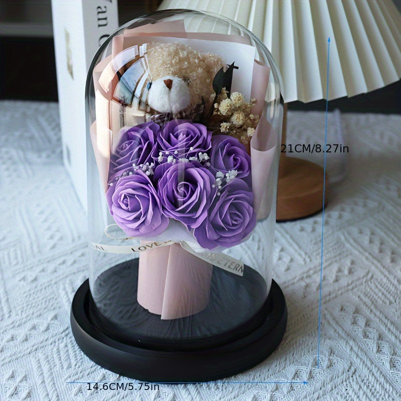 Glass Dome Bear Bouquet Artificial Roses - Tabletop Decor for Various Occasions, Ideal Gift for Birthdays, Valentine's Day, Christmas, Mother's Day, Graduation, Thanksgiving - No Electricity or Battery Needed