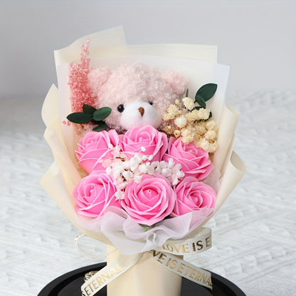 Glass Dome Bear Bouquet Artificial Roses - Tabletop Decor for Various Occasions, Ideal Gift for Birthdays, Valentine's Day, Christmas, Mother's Day, Graduation, Thanksgiving - No Electricity or Battery Needed