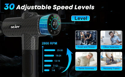 Sejoy Portable Massage Gun 30 Adjustable Speeds Muscle Relief Modes 9 Massage Heads Deep Tissue Muscle Relaxer With High-torque