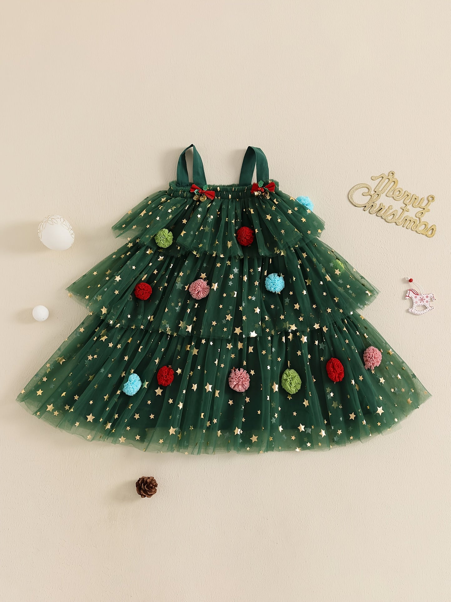 Christmas Little Girl Dress Star Print Square Neck Sleeveless Layered Tulle Dress with Plush Ball Christmas Hat