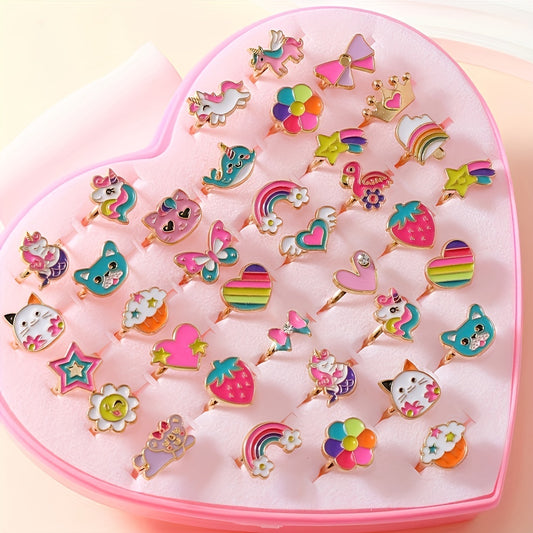 Kids Rings for Girls, 36-Piece Adjustable Princess-Themed Cartoon Cute Enamel Rings Set, Zinc Alloy, 18K Gold Plated, No Mosaic, Ages 3-14