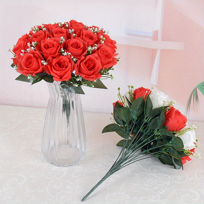 A 18 Head Simulated Rose Bouquet, Rose Silk Flower, Wedding Room Hand-held Flower Decoration, Fake Flower Suitable for Home Weddings