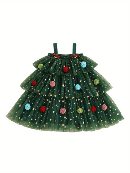 Christmas Little Girl Dress Star Print Square Neck Sleeveless Layered Tulle Dress with Plush Ball Christmas Hat