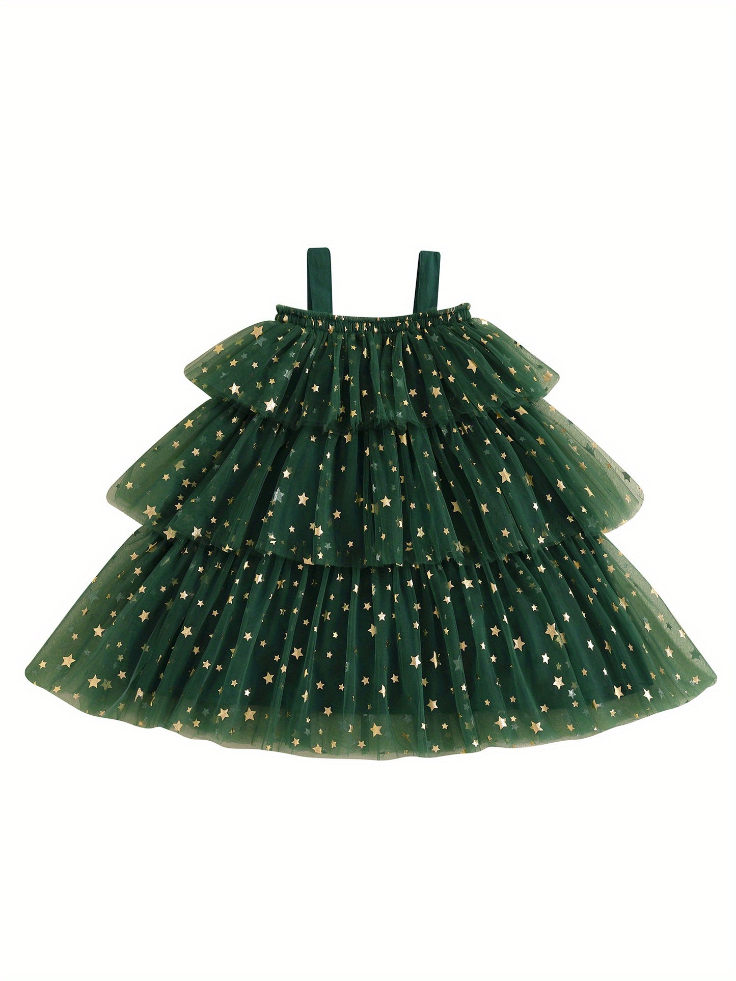 Christmas Little Girl Dress Star Print Square Neck Sleeveless Layered Tulle Dress with Plush Ball Christmas Hat