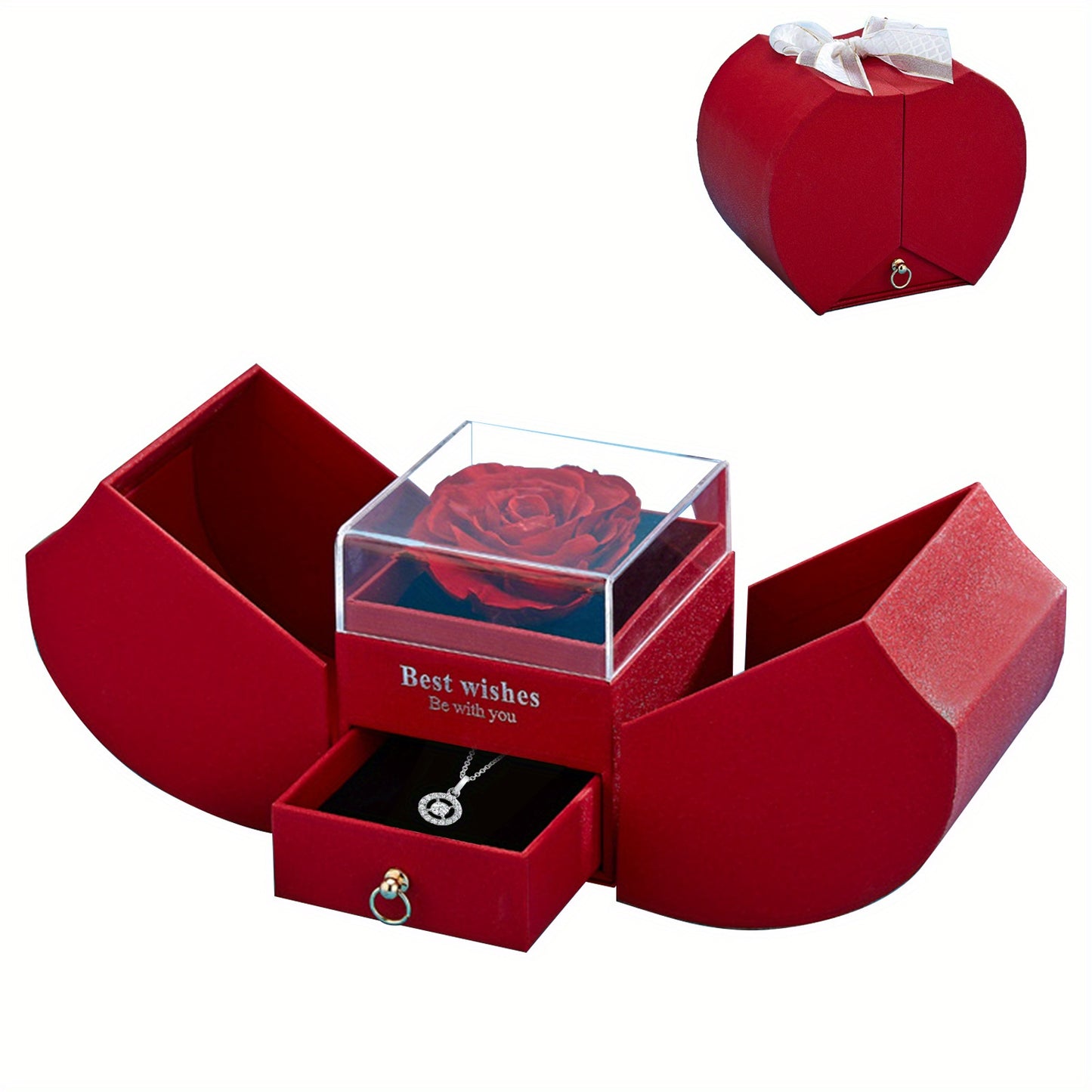 1 man-made rose, eternal flower, apple-shaped double drawer, jewelry box with magnetic bow, rose that never fades, eternal flower, Valentine's Day, anniversary, birthday, Mother's Day, Christmas gift