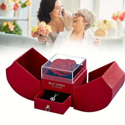 1 man-made rose, eternal flower, apple-shaped double drawer, jewelry box with magnetic bow, rose that never fades, eternal flower, Valentine's Day, anniversary, birthday, Mother's Day, Christmas gift