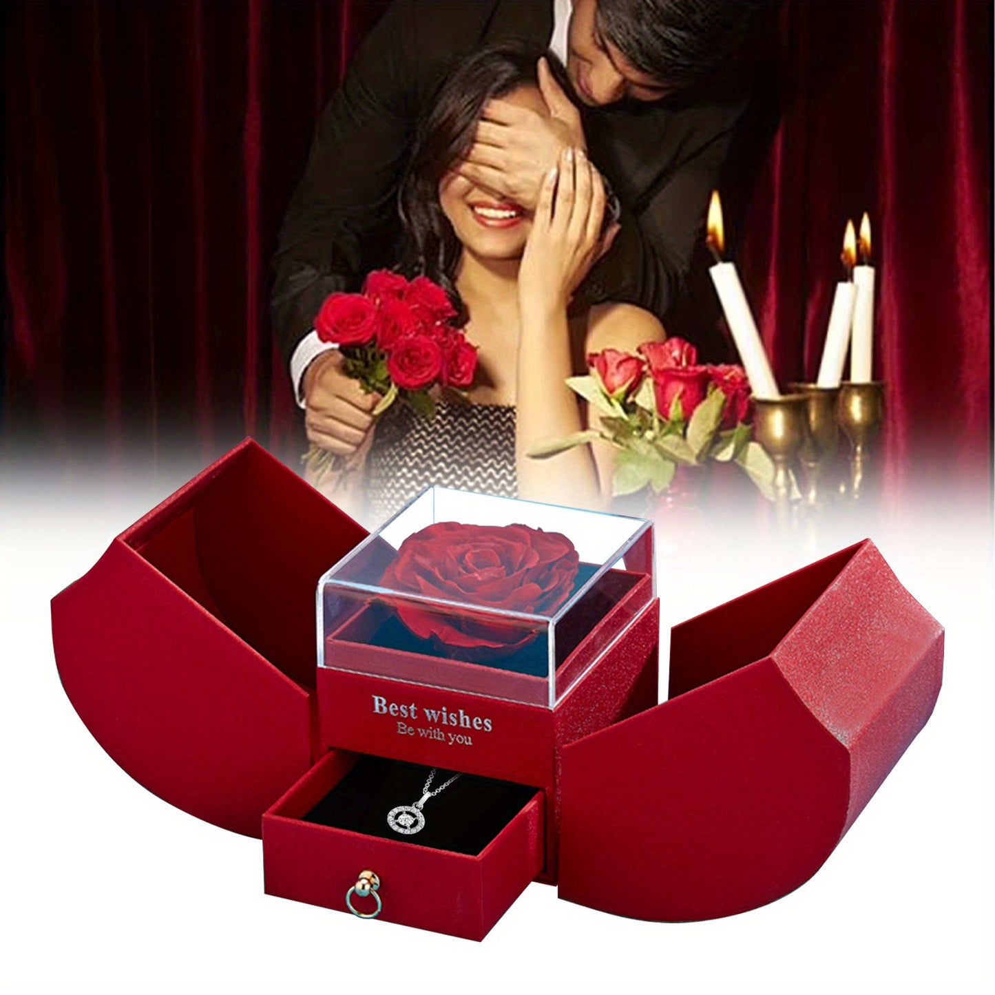 1 man-made rose, eternal flower, apple-shaped double drawer, jewelry box with magnetic bow, rose that never fades, eternal flower, Valentine's Day, anniversary, birthday, Mother's Day, Christmas gift