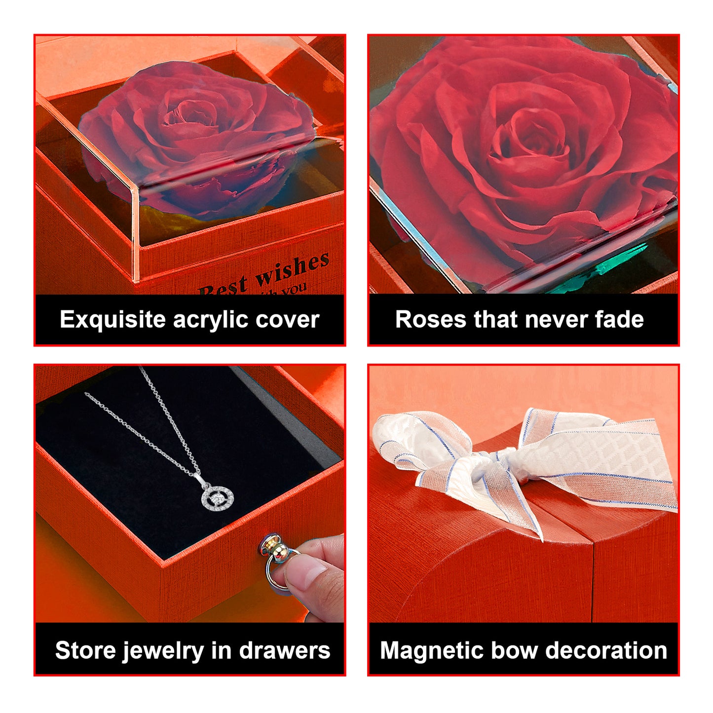 1 man-made rose, eternal flower, apple-shaped double drawer, jewelry box with magnetic bow, rose that never fades, eternal flower, Valentine's Day, anniversary, birthday, Mother's Day, Christmas gift