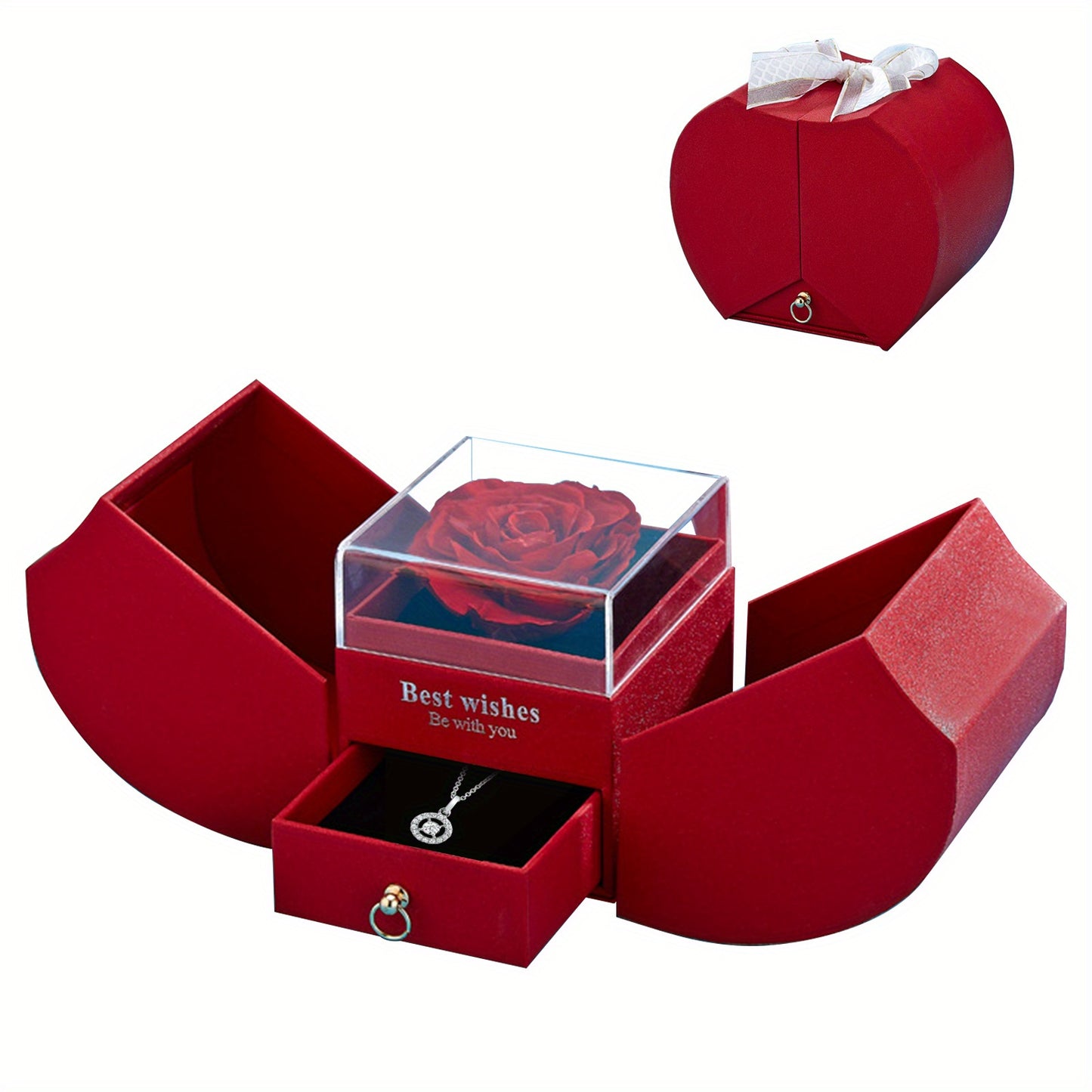 1 man-made rose, eternal flower, apple-shaped double drawer, jewelry box with magnetic bow, rose that never fades, eternal flower, Valentine's Day, anniversary, birthday, Mother's Day, Christmas gift