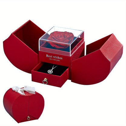 1 man-made rose, eternal flower, apple-shaped double drawer, jewelry box with magnetic bow, rose that never fades, eternal flower, Valentine's Day, anniversary, birthday, Mother's Day, Christmas gift