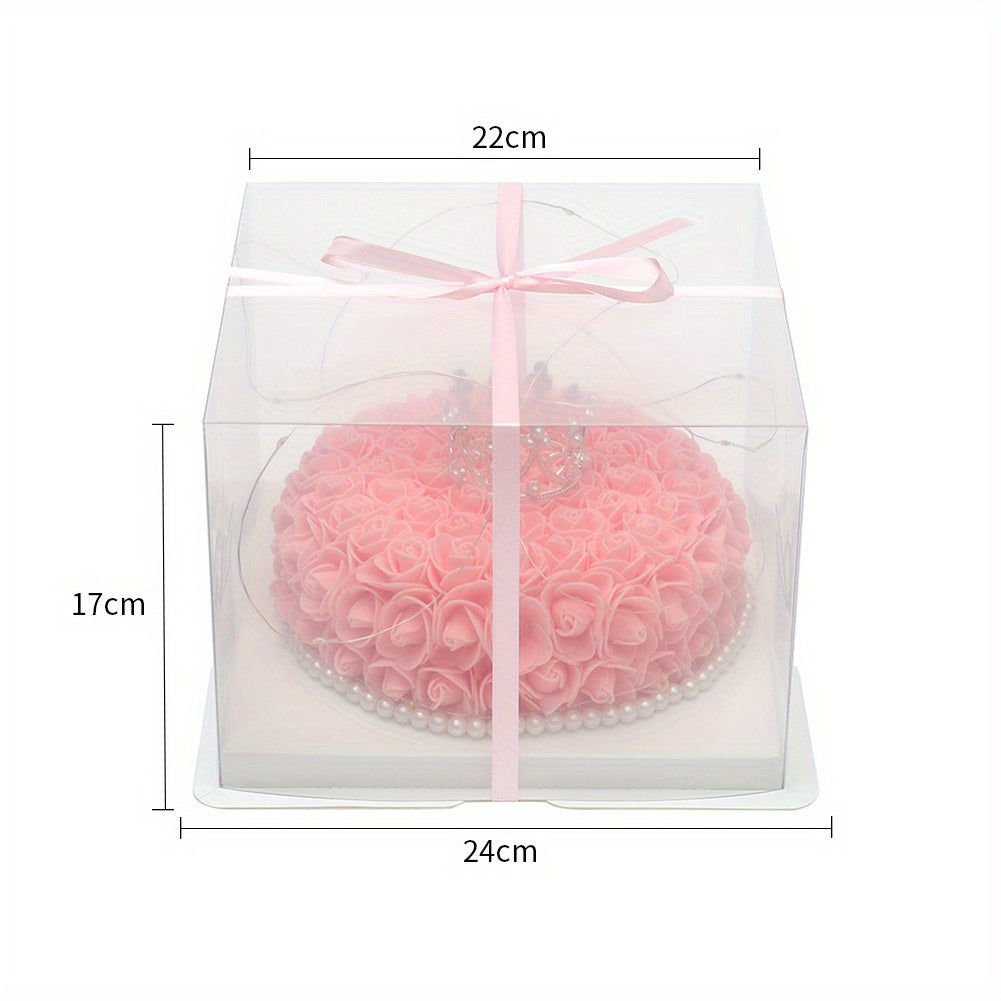 Pink Foam Rose Artificial Flowers Cake Wedding Bouquet Home Party Decor with Gift Box And Lights, Valentine's Day Birthday Gift For Girls