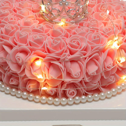 Pink Foam Rose Artificial Flowers Cake Wedding Bouquet Home Party Decor with Gift Box And Lights, Valentine's Day Birthday Gift For Girls