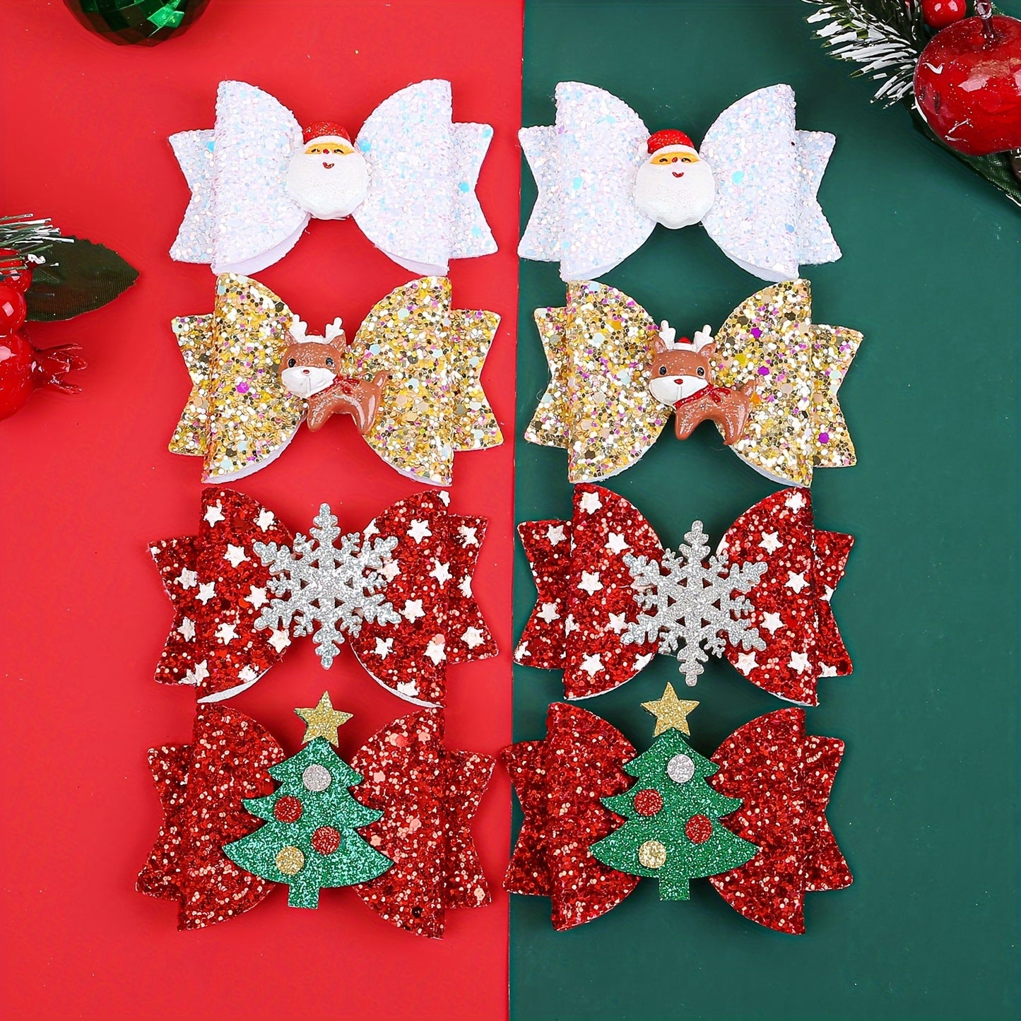 8pcs Christmas Reindeer & Sequin Bow Hair Clip Set - Cute Faux Leather Holiday Party Accessories for Women and Girls