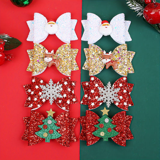 8pcs Christmas Reindeer & Sequin Bow Hair Clip Set - Cute Faux Leather Holiday Party Accessories for Women and Girls