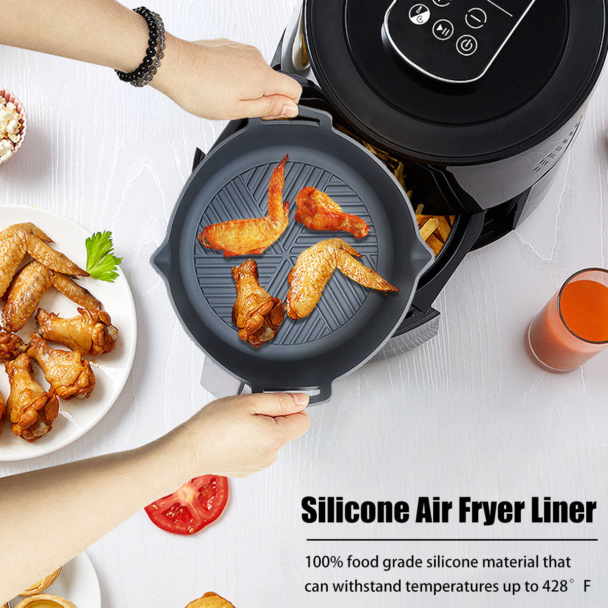 Air Fryer Silicone Pot 8 Inch Reusable Air Fryer Silicone Basket Replacement for Paper Liners Bpa-Free Round Silicone Baking Pan