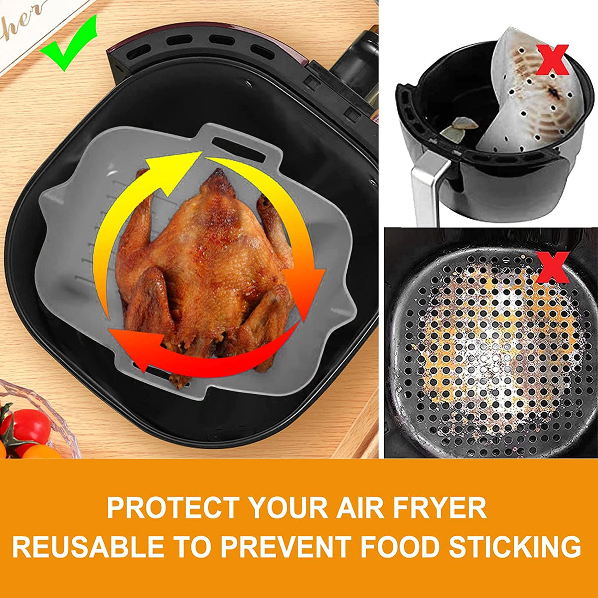 2 件套 Air Fryer Silicone Pot with Handle Reusable Air Fryer Liner Heat Resistant Air Fryer Silicone Basket Rectangle Baking Pan