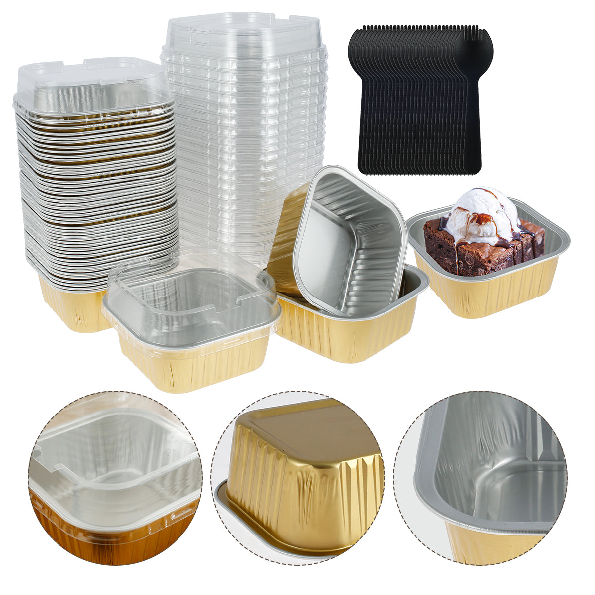 150 件 Aluminum Foil Cupcake Cups with Lids and Spoons Non-Stick Foil Baking Cups 150ml Square Ramekin Pudding Dessert Cups Heat