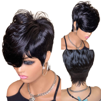 Short Wavy Pixie Cut Full Machine Made Human Hair Wigs