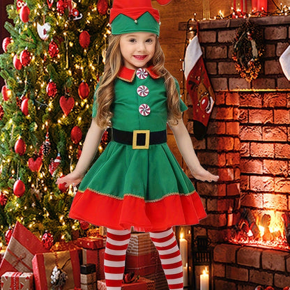 4pcs Girls Christmas Flannel Lapel Dress + Hat + Long Socks + Belt, Christmas Dress Up Outfit, Joy Festival Celebration Clothes