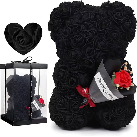 Romantic Artificial Rose Bear Gift - Perfect for Any Occasion, Includes Elegant Gift Box, Red/Black