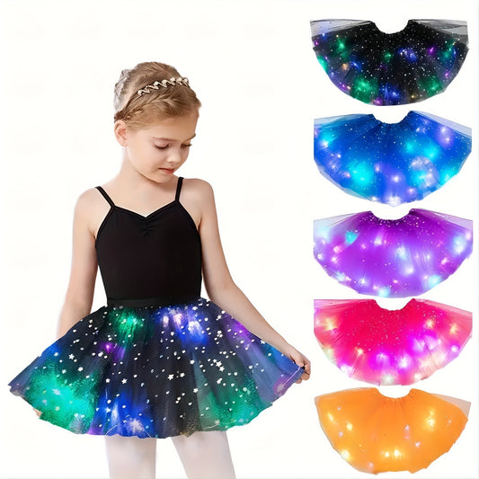 LED Light-Up Tutu Skirt for Kids, Princess Star Glitter Gauze Skirt with Button Battery, Multi-Color Illuminated Fabric Skirt for Christmas, Halloween, Birthday Party & Special Occasions