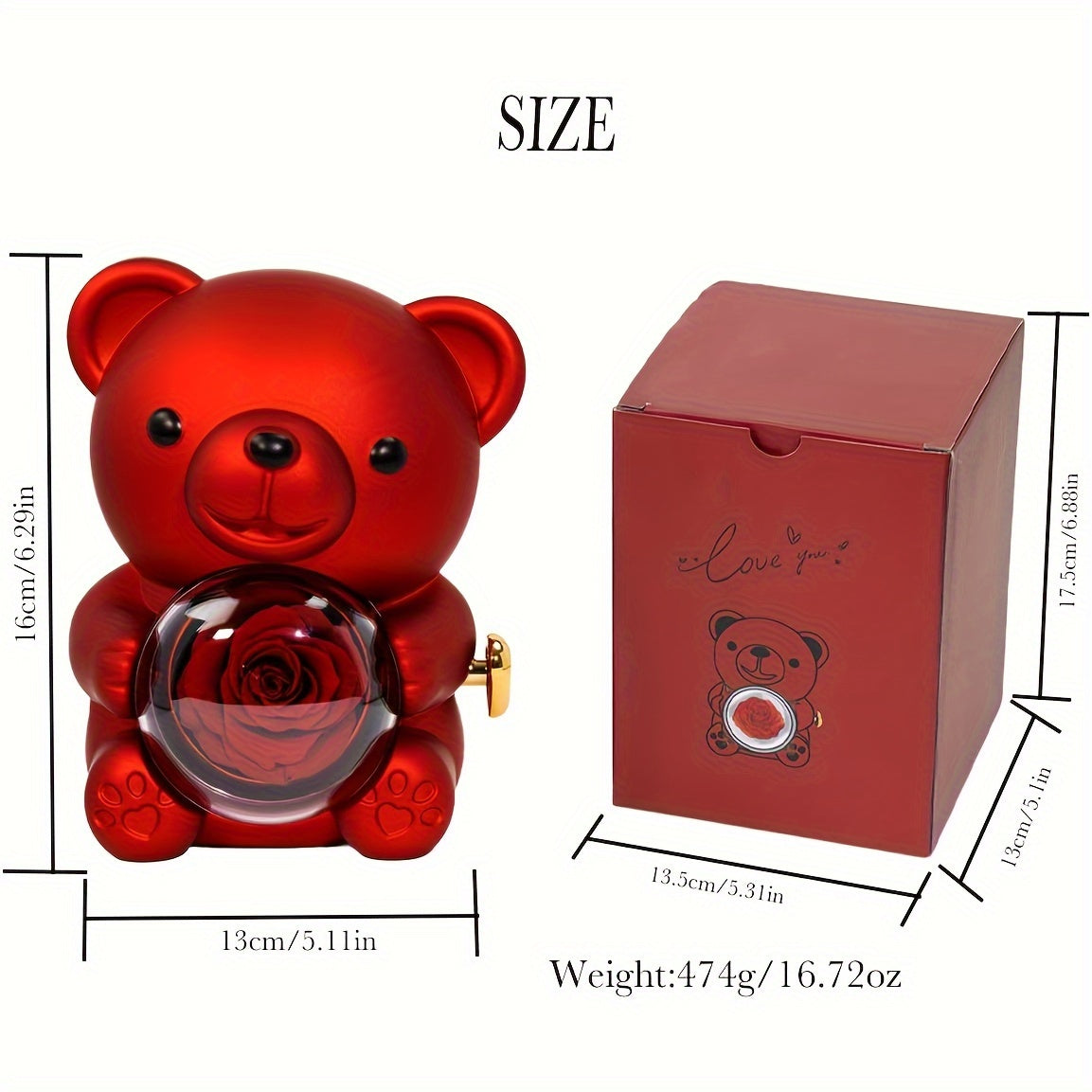 Preserved Red Rose & Cute Red Bear Box, Eternal Flower, Perfect Gift for Mom, Wife, Girlfriend, Grandma, Valentine's Day, Mother's Day, Christmas, No Jewelry, Home Decor, Plant Material, Battery-Free