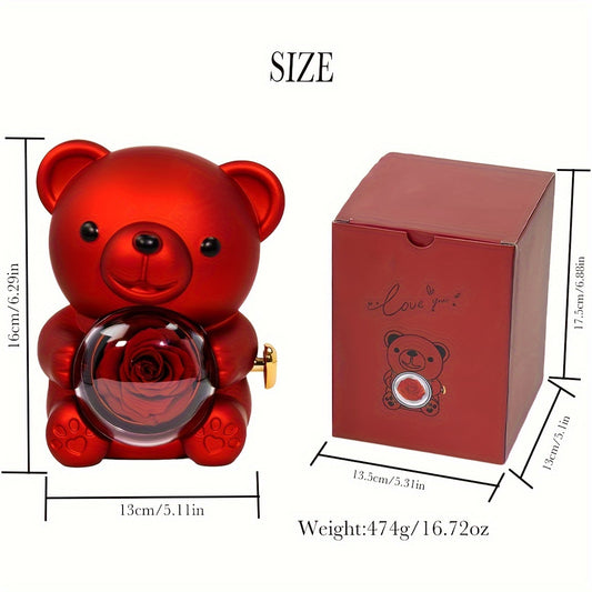 Preserved Red Rose & Cute Red Bear Box, Eternal Flower, Perfect Gift for Mom, Wife, Girlfriend, Grandma, Valentine's Day, Mother's Day, Christmas, No Jewelry, Home Decor, Plant Material, Battery-Free