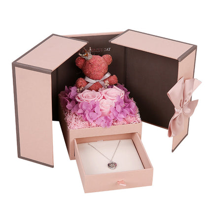 Preserved Flower Rose Bear Necklace Gift Box