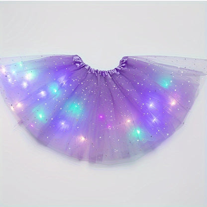 LED Light-Up Tutu Skirt for Kids, Princess Star Glitter Gauze Skirt with Button Battery, Multi-Color Illuminated Fabric Skirt for Christmas, Halloween, Birthday Party & Special Occasions