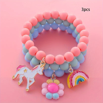 3pcs Cute Unicorn/Sunflower/Rainbow Charm Beaded Bracelets For Girls, Simple Style Daily Decorations, Holiday Gifts