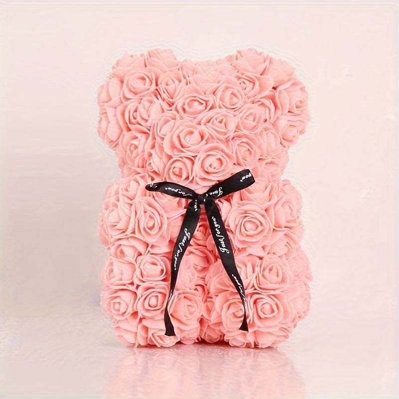 Valentine's Day Artificial Rose Bear - Handcrafted Plastic Flower Teddy Bear for Gift, Low Maintenance PVC, Ideal for Halloween, Easter, 4th of July - Rose Plant Type