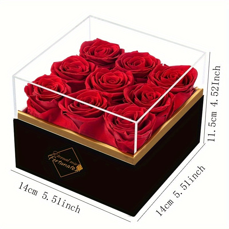 9pcs Eternal Rose Preserved Roses in a Box, Cased in White Box with Acrylic Cover - Forever Rose Box, Preserved Roses, Immortal Roses That Last A Year - Preserved Rose Flowers Decor for Delivery Prime Birthday Mothers Day Val