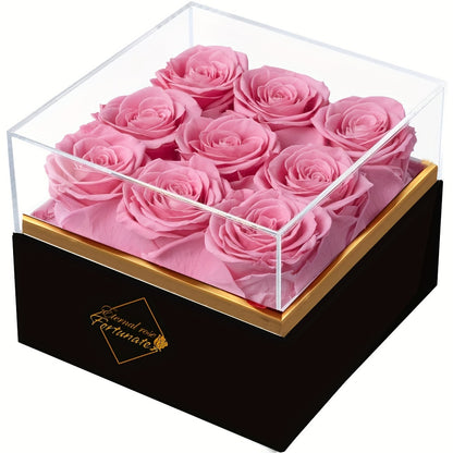 9pcs Eternal Rose Preserved Roses in a Box, Cased in White Box with Acrylic Cover - Forever Rose Box, Preserved Roses, Immortal Roses That Last A Year - Preserved Rose Flowers Decor for Delivery Prime Birthday Mothers Day Val