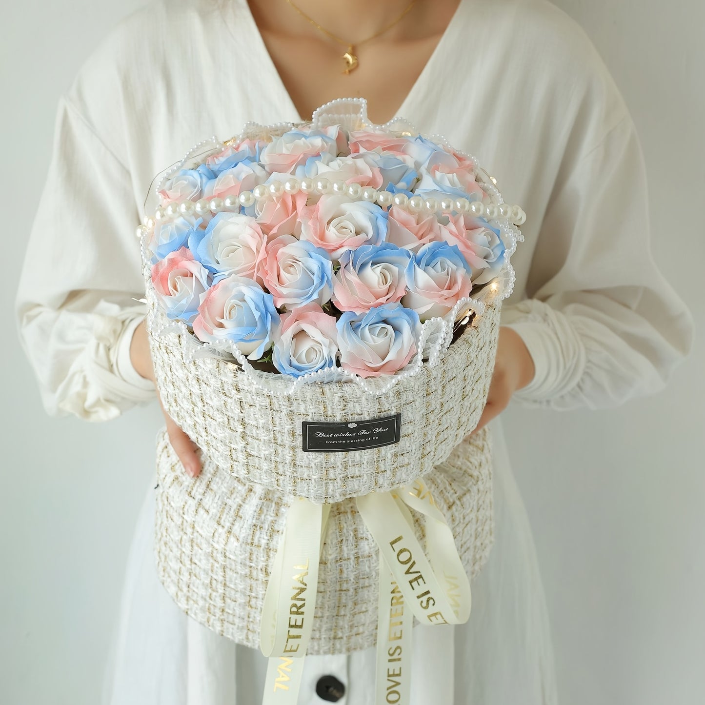 Eternal Ice Blue Rose Bouquet - Perfect Gift for Her, Anniversary, Birthday, Valentine's Day & Mother's Day | Dried Flower Arrangement in Decorative Basket | Ideal for Home Decor, Bedroom Accent | No Vase Included