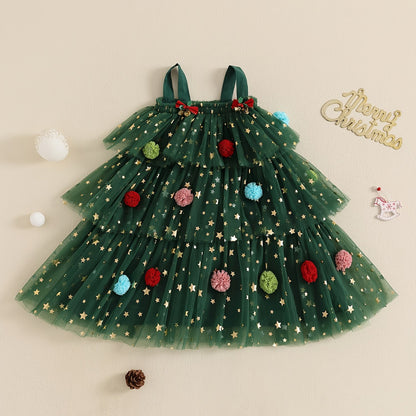 Christmas Little Girl Dress Star Print Square Neck Sleeveless Layered Tulle Dress with Plush Ball Christmas Hat