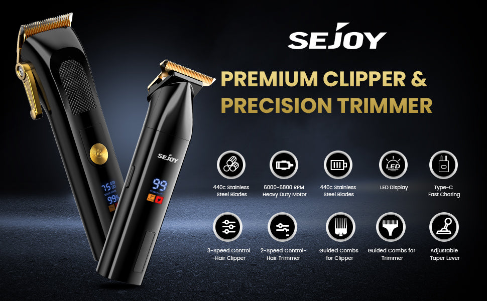 Sejoy Hair Clippers Kit With T-Blade Professional Hair Trimmer LED Display USB Fast Charging Barber Accessories