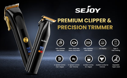 Sejoy Hair Clippers Kit With T-Blade Professional Hair Trimmer LED Display USB Fast Charging Barber Accessories